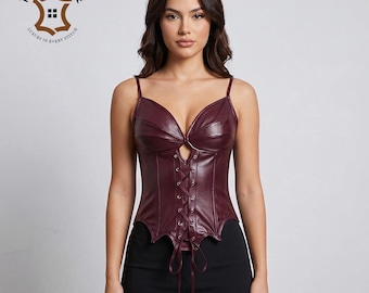 Corsé bustier de cuero genuino con cordones para mujer, top estilo gótico para moldear la cintura / Materiales: piel de vaca