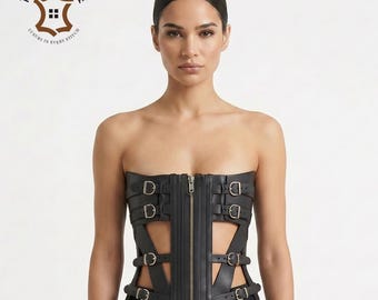 Dames leren corset riemtop, zwarte taille cincher harnas met gesp, materiaal gebruik van buffel