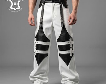 Leren wijde broek heren, streetwear broek wijde pijpen, gothic punk | Materiaalgebruik koe