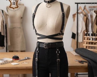 Damen Leder Harness, Gothic Brust Gürtel, verstellbare BDSM Dessous, Rave Outfit, Rindsleder