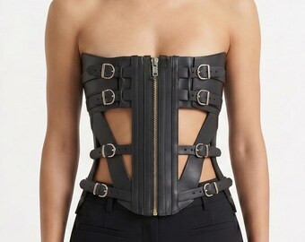 Damen Leder Korsett Gürtel Top, schwarze Schnalle Taille Cincher Harness, Buffalo Material Verwendung
