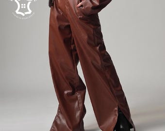 Dames leren broek met wijde pijpen hoge taille Palazzo-broek, modieuze outfit | Materiaalgebruik bij schapen