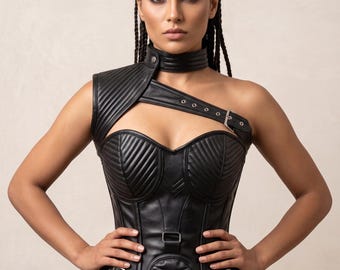 Leren damescorset, top met één schouder, gothic steampunk mode en cosplay pure koeienhuid