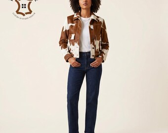 Rundleren damesjack, westernjassen met koeienprint voor dames, cowgirlmode