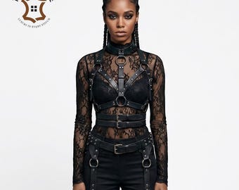 Gothic leren harnas voor dames, riem, heup- en beenharnas, rave-outfit, materiaal buffel