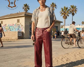 Men Leather Pants – Genuine Leather Wide Leg Trouser, Unisex Baggy Fit | Summer Outfits