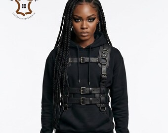 Damen Schwarz Leder Brust Harness, Gothic Punk Körper Harness Weste, Buffalo Material Gebrauch