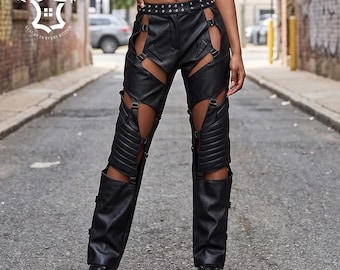 Echte leren damesbroek met hoge taille uitsnijding, streetwear festivaloutfit Materiaalgebruik schaap