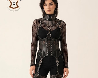 Handgemaakte gothic leren harnas korset voor dames, verstelbare rave-outfit met bandjes, gebruik in koeienhuid