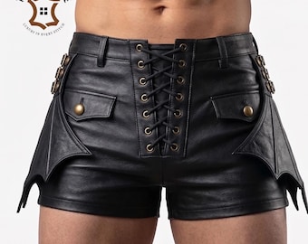 Leren herenshort Gothic handgemaakte short met veters, festivalrave, gebruik koemateriaal