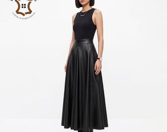 Zwarte leren maxi-rok dames, enkelrokken van echt lamsleer, gebruik van puur huidmateriaal