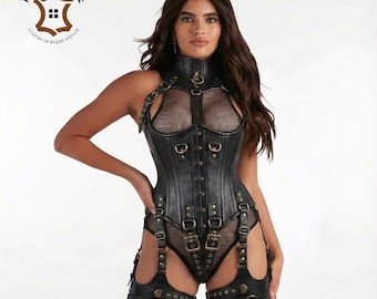 Leren korsetharnas voor dames, hoge halslingerie, cosplay en gotische mode, gebruik van koemateriaal