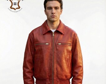 Leren oversized herenbomberjack, handgemaakte vintage jassen, gebruik van koemateriaal