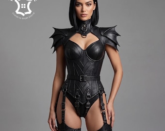 Women Black Leather Bodysuit Harness, Fantasy Armor Lingerie, Rave Wear, Cow Material Uses