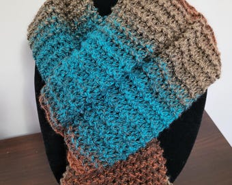 Sweet Lullabiez Handmade Brown Burnt Orange Teal Blue Knit Unisex Scarf Color Block Ombre Stripe  97