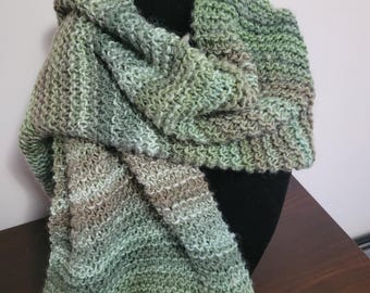 Sweet Lullabiez Handmade Nourish Scarf Green Sage Olive Taupe Super Long and Wide Crochet Knit Wool Blend Stripe Scarf Ombre Stripe 110