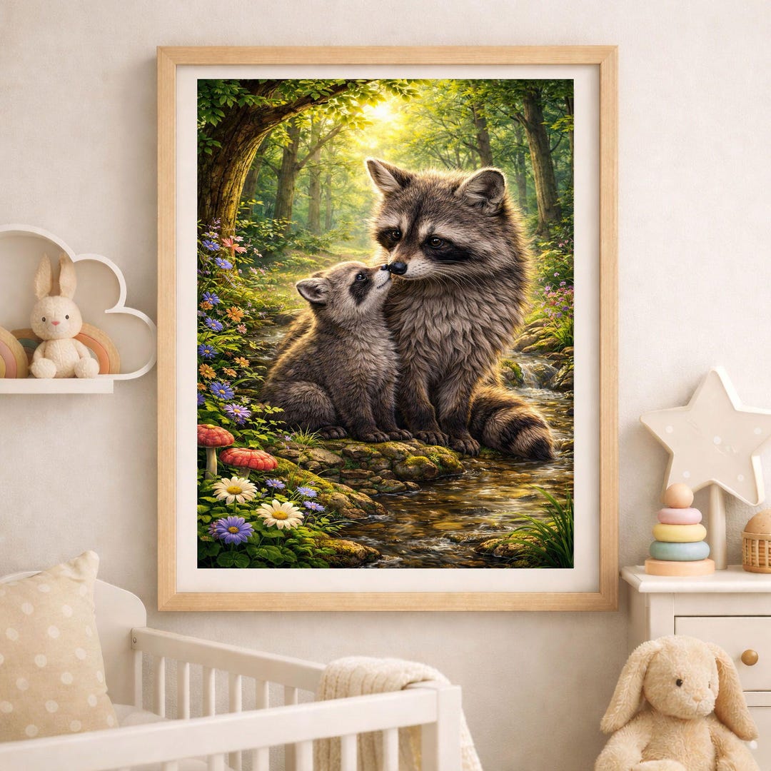 Baby Racoon Design Mama & Baby Racoon in Woods | Nursery Wall Art Printable | Instant ...