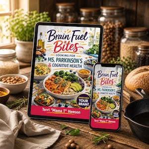 Op de afbeelding: Een tablet en een smartphone tonen de boekomslag Brain Fuel Bites: Cooking for MS, Parkinson's & Cognitive Health door Terri "Mama T" Henson. De omslag toont een kleurrijke kom met zalm, broccoli en zoete aardappelen met tekst.