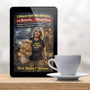 May include: A digital tablet displaying a book cover titled I Almost Quit Mid-Delivery and Honestly... I Should Have by Terri Mama T Henson, featuring a person holding packages, next to a white ceramic coffee cup and saucer on a wooden surface.