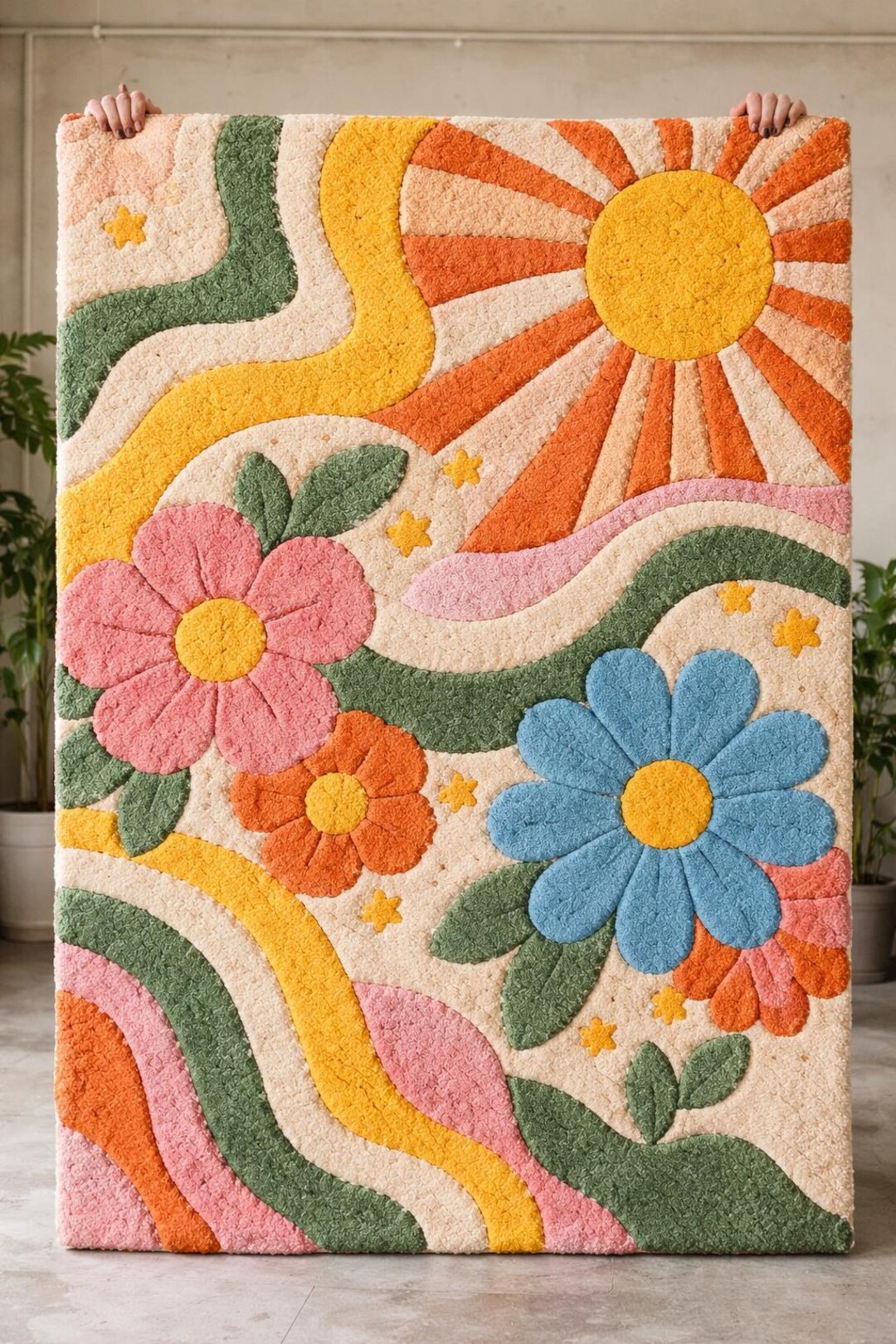Hand Tufted Wool Rug: Retro Floral Abstract Sunburst Design, Boho Area ...