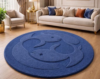 Alfombra redonda de lana tejida a mano con diseño de delfines: Alfombra de felpa inspirada en el océano.