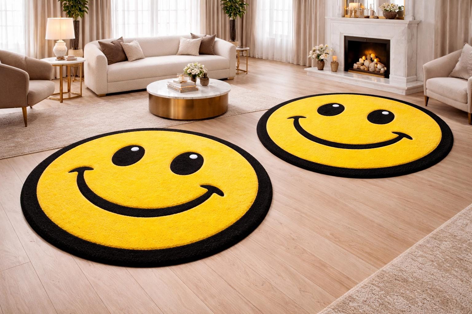 Hand Tufted Smiley Face Rug | Yellow Round Kids Room Carpet - Etsy