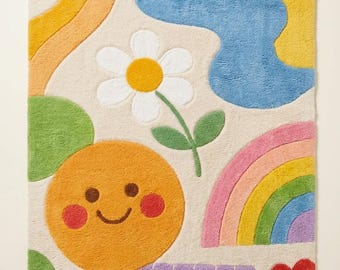 Alfombra infantil colorida con diseño de carita sonriente y arcoíris / Alfombra suave y moderna para sala de estar.