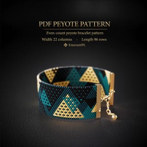 May include: A beaded peyote bracelet with a geometric pattern of teal, black, and gold triangles. The bracelet has gold-colored metal end pieces and a delicate chain. The image also includes text that reads "PDF PEYOTE PATTERN".