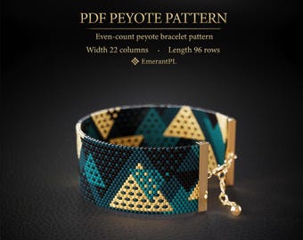 May include: A beaded peyote bracelet with a geometric pattern of teal, black, and gold triangles. The bracelet has gold-colored metal end pieces and a delicate chain. The image also includes text that reads "PDF PEYOTE PATTERN".