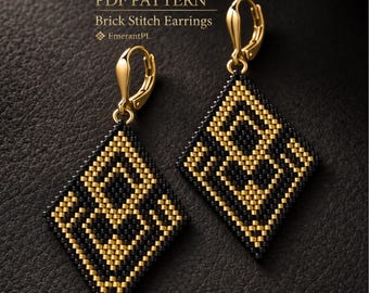 May include: A pair of diamond-shaped brick stitch earrings featuring a geometric pattern of black and gold beads with gold-tone leverback hooks. The text PDF PATTERN Brick Stitch Earrings EmerantPL is visible above the jewelry items.