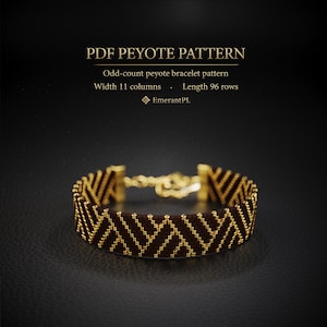May include: A brown and gold beaded peyote bracelet with a chevron pattern. The bracelet is secured with a gold clasp. The image also includes the text "PDF PEYOTE PATTERN" and details about the pattern's dimensions.