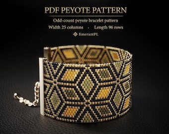 May include: A PDF peyote pattern for an odd-count peyote bracelet with a width of 25 columns and a length of 96 rows by EmerantPL. The bracelet features a geometric diamond design in black, olive green, and yellow beads with a gold metal clasp.