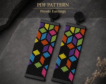 May include: A pair of rectangular drop earrings featuring a black background with a geometric pattern of small, colorful beads in shades of purple, yellow, green, blue, orange, and pink. The text "PDF PATTERN Peyote Earrings" and "EmerantPL" are visible.