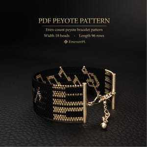 May include: A black and gold beaded bracelet with a clasp and chain. The bracelet is made with small beads and features a geometric design. The text "PDF PEYOTE PATTERN" is at the top of the image.