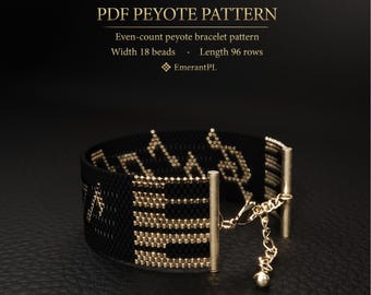 May include: Black and gold beaded peyote bracelet with a decorative pattern. The bracelet has a width of 18 beads and a length of 96 rows. The text "PDF PEYOTE PATTERN" is at the top of the image.
