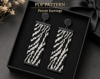 May include: A pair of rectangular peyote earrings featuring a black and white zebra stripe pattern. The earrings have a black circular stud top and a black metal bar at the bottom. The text PDF PATTERN Peyote Earrings is visible above.