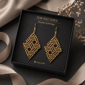 May include: A pair of diamond-shaped peyote earrings crafted from small gold and dark brown beads, featuring gold-tone metal hooks. The earrings are displayed in a black box with the text PDF PATTERN Peyote Earrings and EmerantPL.