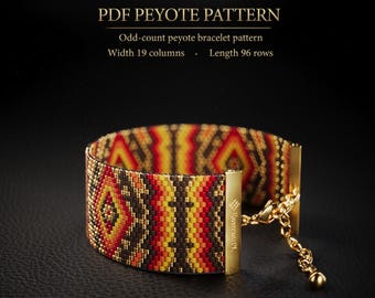 May include: A beaded bracelet featuring a geometric pattern in shades of red, orange, yellow, and brown. The text reads PDF PEYOTE PATTERN, Odd-count peyote bracelet pattern, Width 19 columns, Length 96 rows. It includes a gold-tone metal clasp and chain.