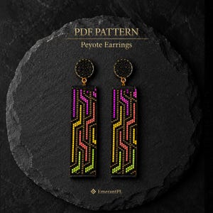 Neon Noir Peyote Earrings Pattern, Black Gold Delica Earrings, PDF Beading Pattern, Even & Odd Count Peyote, Miyuki Delica 11/0