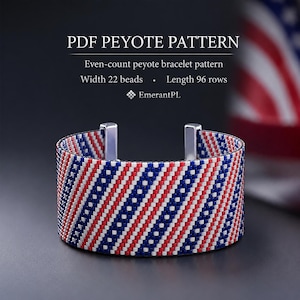 May include: A beaded bracelet featuring a diagonal striped pattern in red, white, and blue. The text above reads PDF PEYOTE PATTERN, Even-count peyote bracelet pattern, Width 22 beads, Length 96 rows, and EmerantPL. The bracelet has silver-toned metal ends.