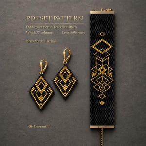May include: A PDF set pattern for an odd-count peyote bracelet and brick stitch earrings. The design features a black and gold geometric beadwork pattern. Text includes PDF SET PATTERN, Odd-count peyote bracelet pattern, Width 27 columns, Length 96 rows, Brick Stitch Earrings, and EmerantPL.