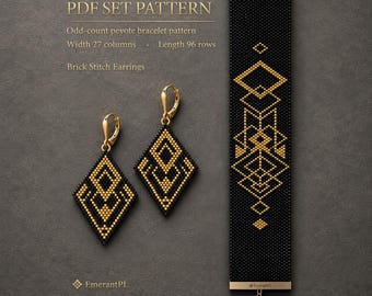 May include: A PDF set pattern for an odd-count peyote bracelet and brick stitch earrings. The design features a black and gold geometric beadwork pattern. Text includes PDF SET PATTERN, Odd-count peyote bracelet pattern, Width 27 columns, Length 96 rows, Brick Stitch Earrings, and EmerantPL.