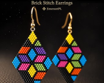 May include: A pair of diamond-shaped brick stitch earrings featuring a geometric pattern of black, yellow, orange, blue, purple, pink, and green beads. The earrings hang from gold-toned hooks. Text reads: PDF PATTERN Brick Stitch Earrings EmerantPL.