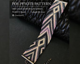 May include: A beaded bracelet featuring a geometric pattern in black, cream, and soft pink. The text reads: PDF PEYOTE PATTERN, Odd-count peyote bracelet pattern, Width 23 beads, Length 96 rows, EmerantPL. The bracelet has silver-tone metal end bars.
