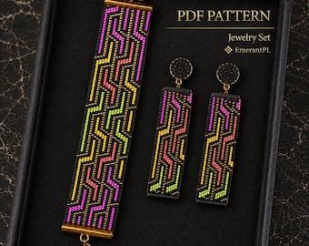 May include: A beaded jewelry set including a rectangular bracelet and two matching rectangular drop earrings. The pieces feature a black background with a geometric maze pattern in neon pink, yellow, and lime green. Text reads PDF PATTERN Jewelry Set EmerantPL.