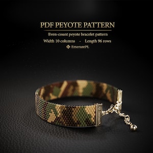 May include: A PDF peyote pattern for an even-count peyote bracelet with a width of 10 columns and a length of 96 rows by EmerantPL. The image displays a camouflage-patterned beaded bracelet with gold-tone metal findings and a chain extender.