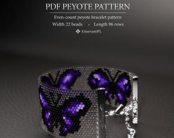 May include: A beaded bracelet with a butterfly design in shades of purple and black. The bracelet is made using the peyote stitch technique. The text "PDF PEYOTE PATTERN" is at the top of the image, with details about the pattern below.