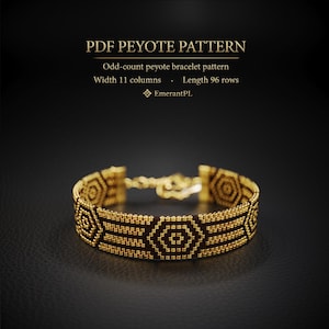 May include: A gold-colored peyote bracelet with a geometric pattern in dark brown. The bracelet has a chain clasp and is displayed on a dark background. The text "PDF PEYOTE PATTERN" is at the top.