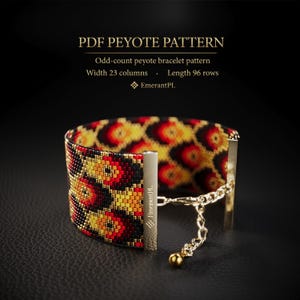 May include: A beaded bracelet featuring an odd-count peyote pattern in red, orange, yellow, and black. The bracelet has gold-tone metal end bars and a gold-tone chain with a small bead charm. Text reads: PDF PEYOTE PATTERN, Odd-count peyote bracelet pattern, Width 23 columns, Length 96 rows, EmerantPL.
