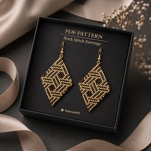 May include: A pair of diamond-shaped brick stitch earrings featuring a geometric pattern in brown and gold beads. The earrings are displayed in a black box with the text PDF PATTERN Brick Stitch Earrings and the brand name EmerantPL.